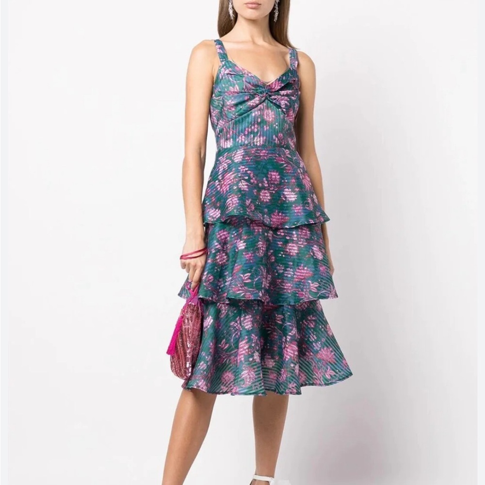 Marchesa Notte floral tiered midi dress